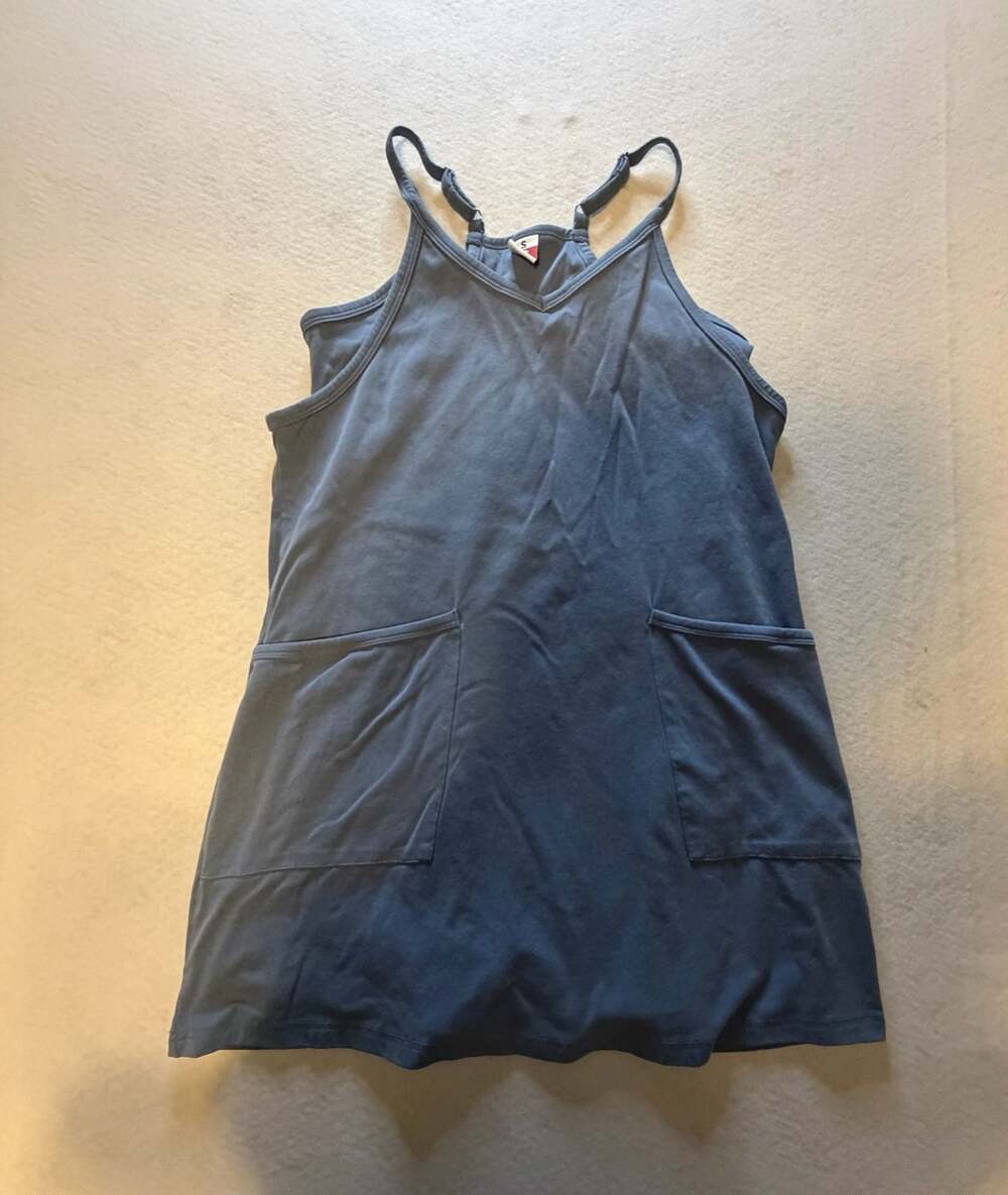 TARSE Blue V-Neck Exercise Mini Dress with Built-in Shorts and Pockets